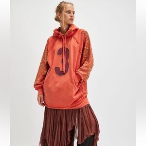 Free People Orange Hoodie with Embroidered Sleeves